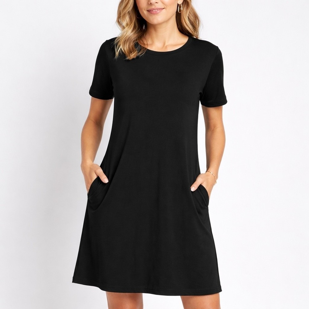 Sympli Canada Minimalist Knee Length Dress Womens 8 Black Stretch Pockets Casual